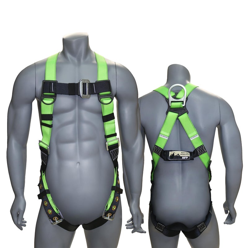 AFP Universal Full-Body Fall Protection Safety Harness with Dorsal D-Ring and Tongue Buckle Legs | Roofer, Construction, Scaffolding PPE | High-Visibility Green [OSHA/ANSI Compliant] (1 Pack, Harness) - Image 1